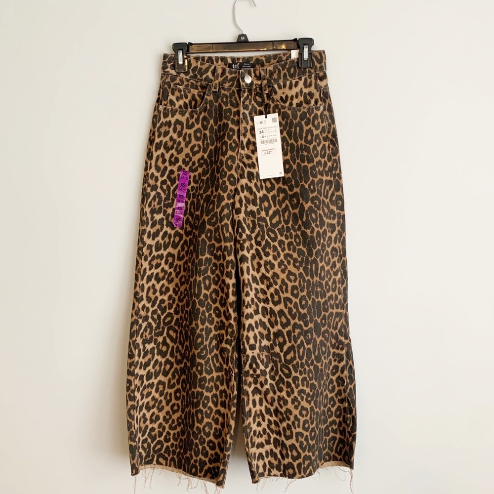 Zara Leopard Mid Rise Wide Leg Crop Culotte Jean - Picture 4 of 14